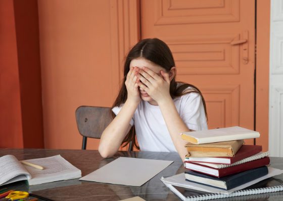 Menina tentando estudar, mas demonstrando que tem TDAH, distúrbio de aprendizado e desatenção