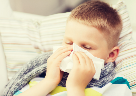 Sinusite em crianças. Criança assoando o nariz, cheio de muco e apresentando sintomas de infecção